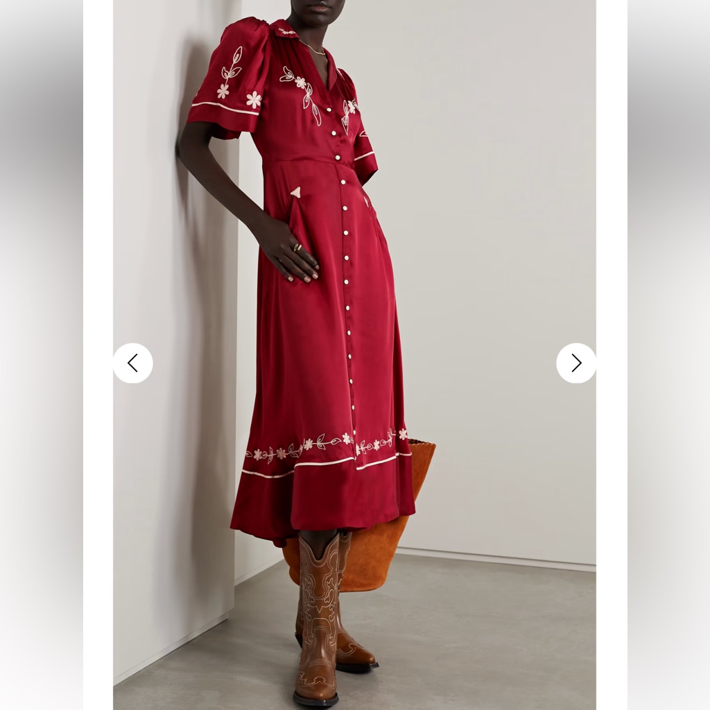 The Great. Red Embroidered Button-Front Maxi Dress